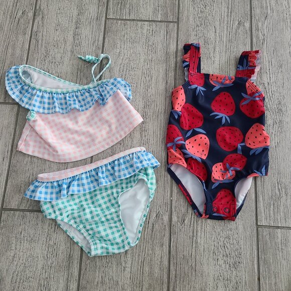 Other - Baby girl bathing suit bundle onepiece strawberry plaid bikini sz 6-9M